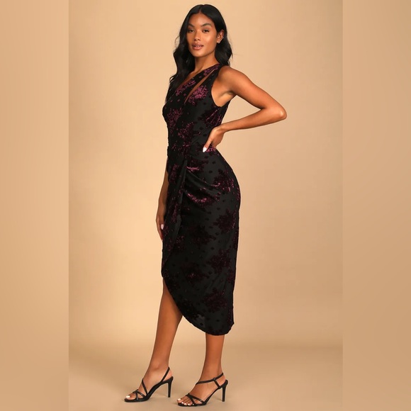 Lulus “Drinks at Dusk” Black Floral Burnout Velvet One-Shoulder Dress Size XS - Picture 2 of 6